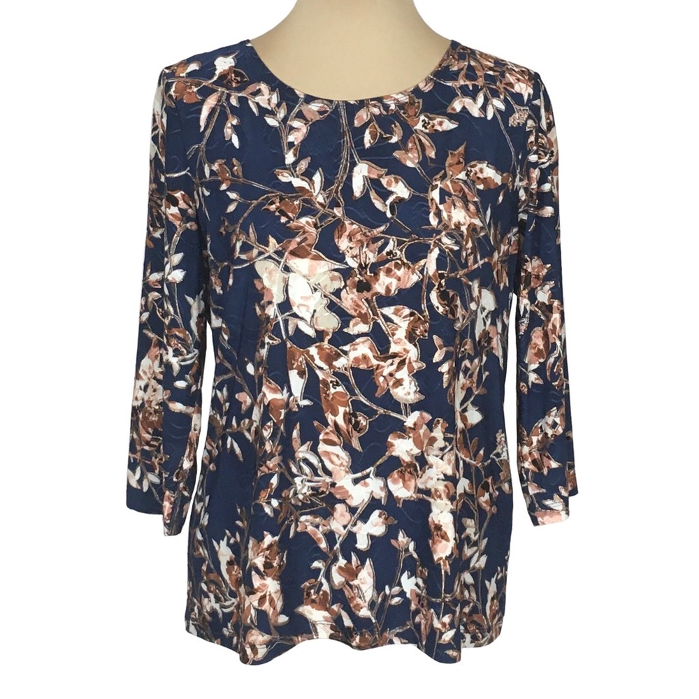 JM Collection Navy & Gold Floral Stitched Blouse, Petite Large